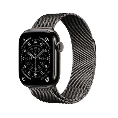 Apple Watch 11 GPS + Cellular mieten, 42 mm oder 46 mm Titan Schiefer, Milanaise Armband Schiefer