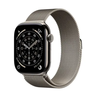 Apple Watch 11 GPS + Cellular mieten, 42 mm oder 46 mm Titan Natur, Milanaise Armband Natur