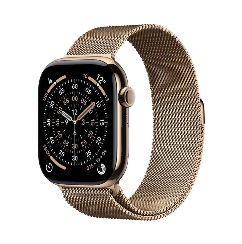 Apple Watch 11 GPS + Cellular mieten, 42 mm oder 46 mm Titan Gold, Milanaise Armband Gold